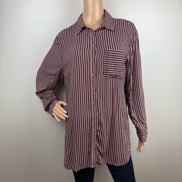 Maeve Tops - Maeve Anthropologie Adelaide Navy Red Striped Poplin Button Down Hi-Lo Sz Large